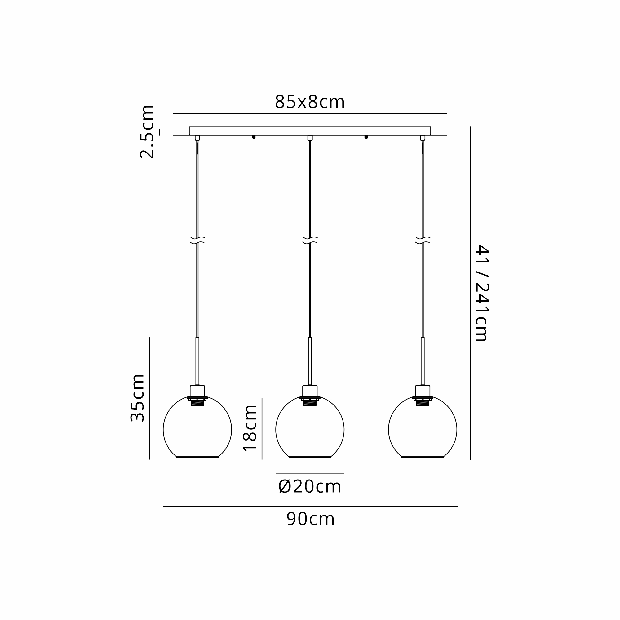 DK1395  Lori Linear Pendant, 3 Light Adjustable E27, Satin Nickel/Smoke Open Mouth Round Globe Shades